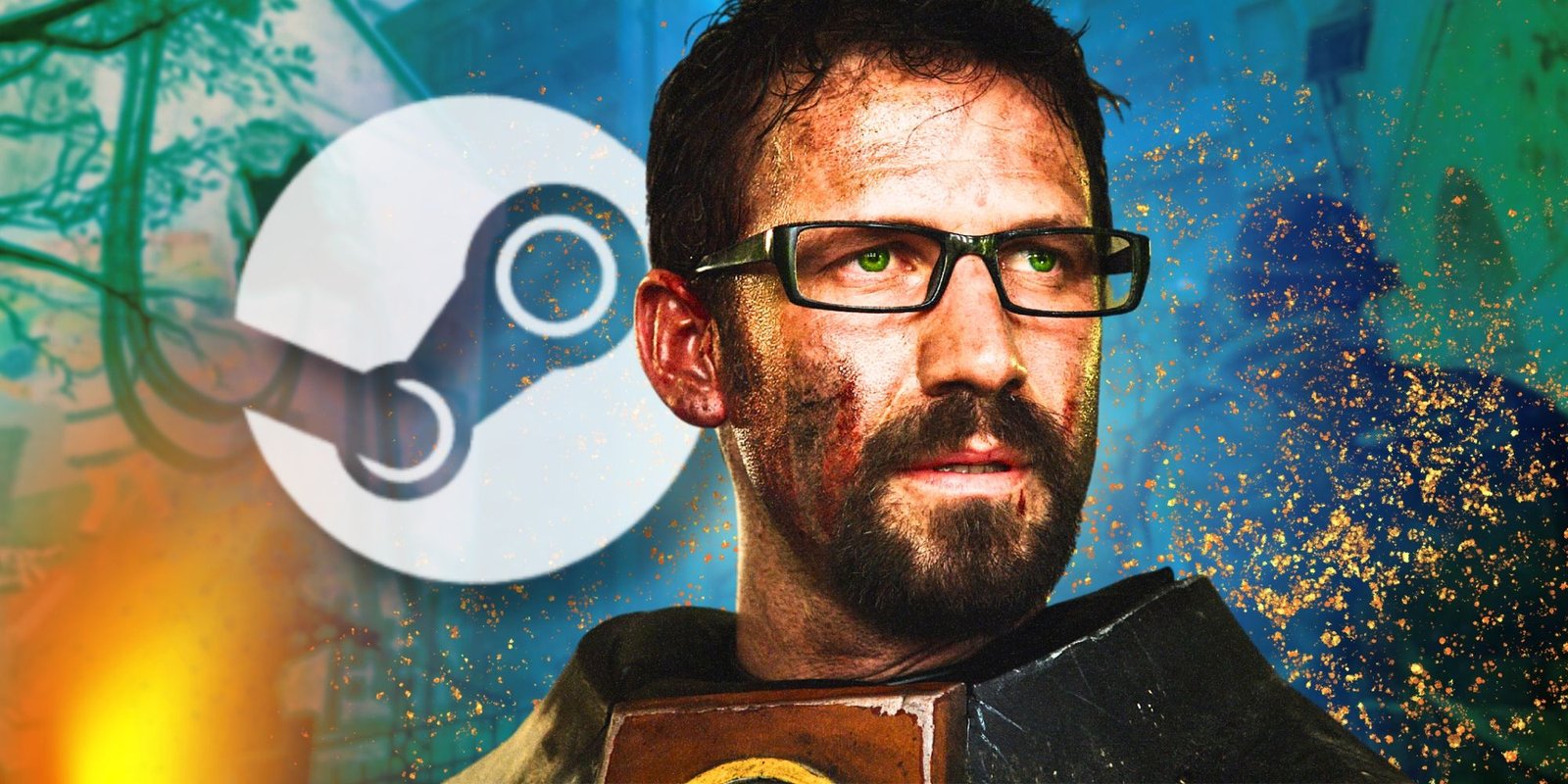 Valve Used This Hilarious Half-Life Trick To Boost Sales 3 A close up of George Freeman in front of the Steam logo and a blurred blue background.
