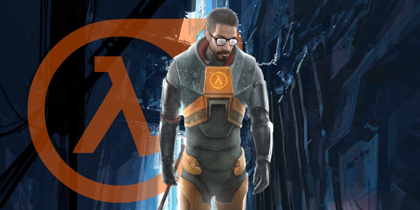 Gordon Freeman standing in a monolithic structure, flanked by the Half-Life logo.