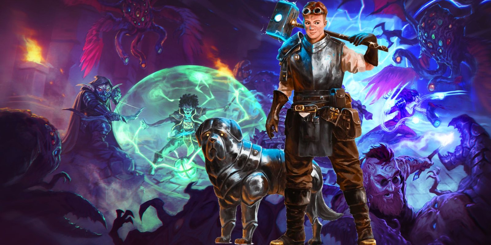 An artificer with a warforged dog from D&D with a fight in Eberron in the background