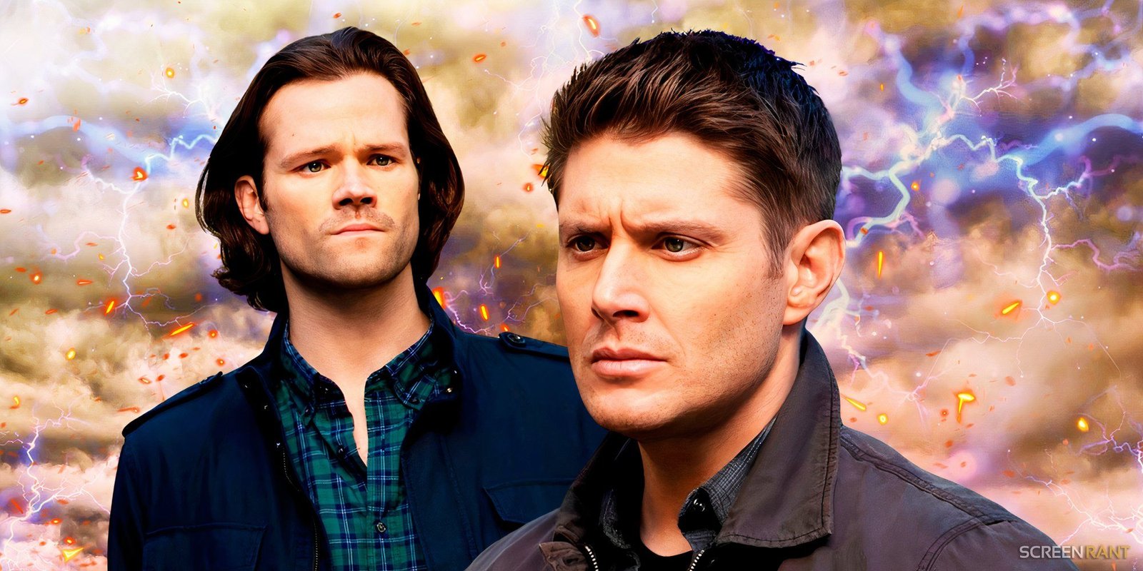 Supernatural's Saddest Dean Winchester Story Highlights Season 15's Biggest Missed Opportunity 3 Sam and Dean from Supernatural with lightning behind them.