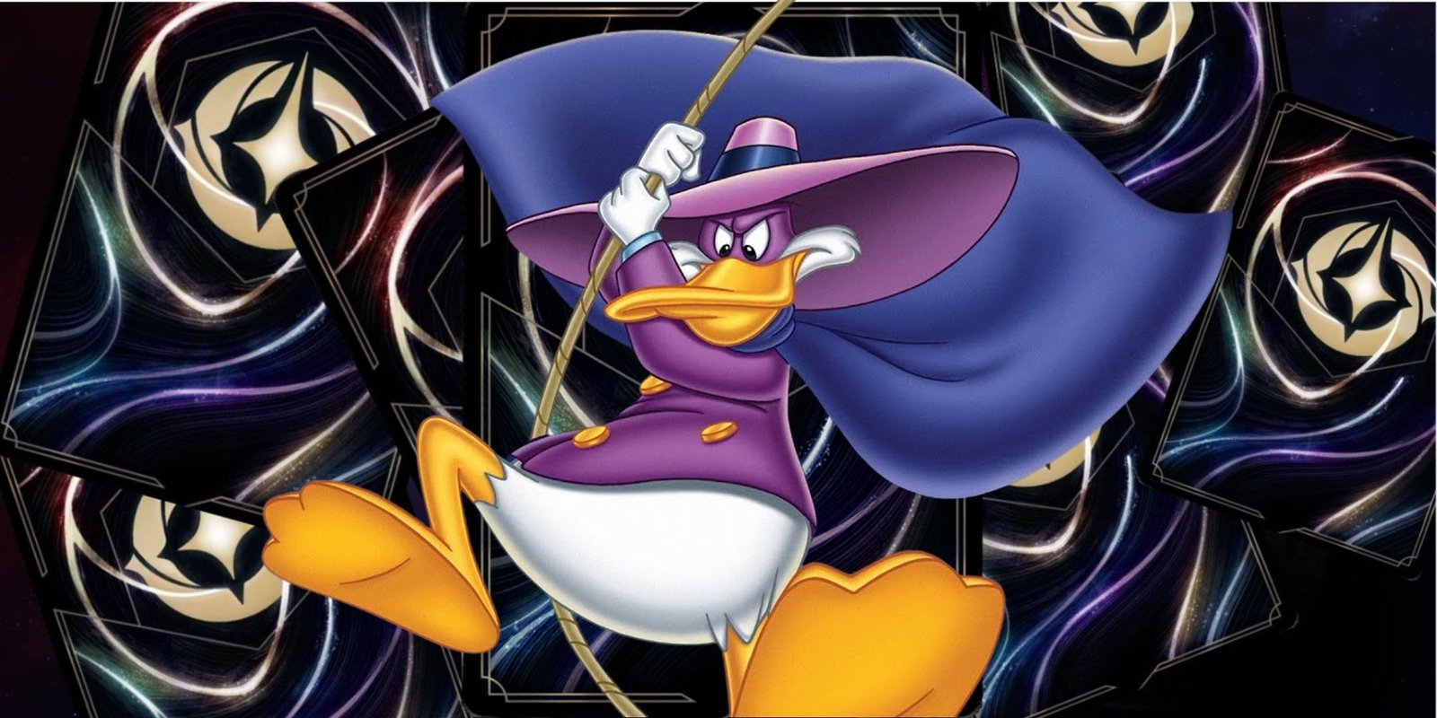 Disney Lorcana's New Rotation Policy Means Several Sets Will Get Banned 3 Disney Lorcana card backs with Darkwing Duck swinging on a rope in front of them