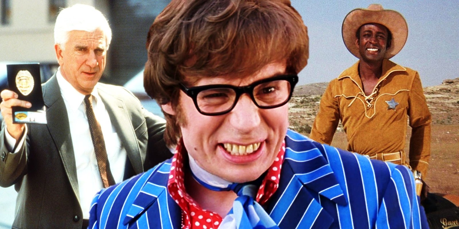 Why You Should Play Leisure Suit Larry Games Before They're Gone From Steam & GOG 4 Collage of Frank in The Naked Gun, Austin in Austin Powers, and Sheriff Bart in Blazing Saddles