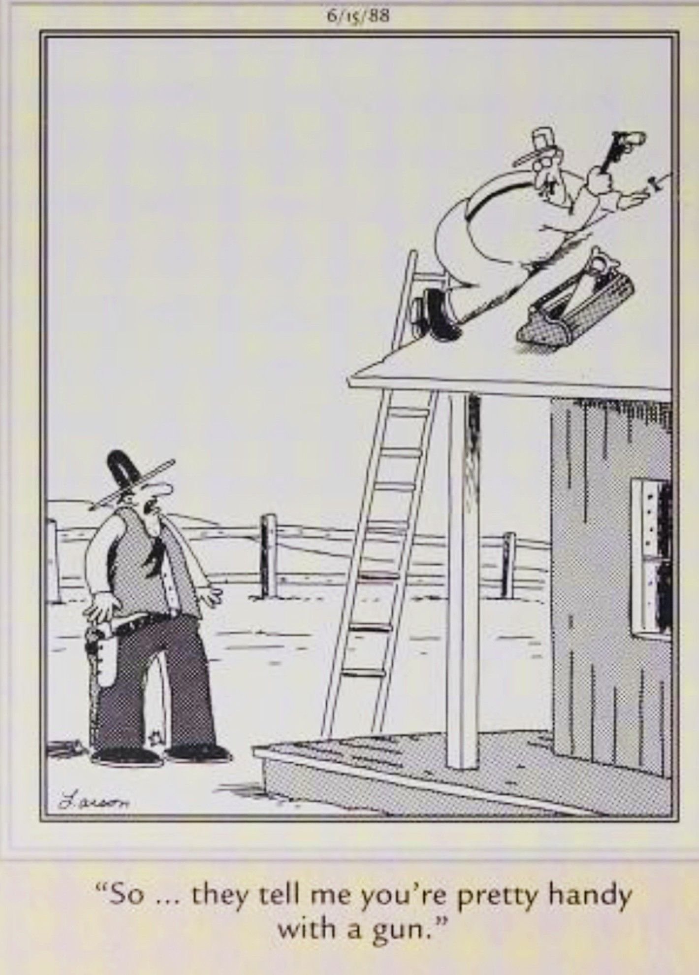Far Side, June 15, 1988, a man uses a gun as a hammer