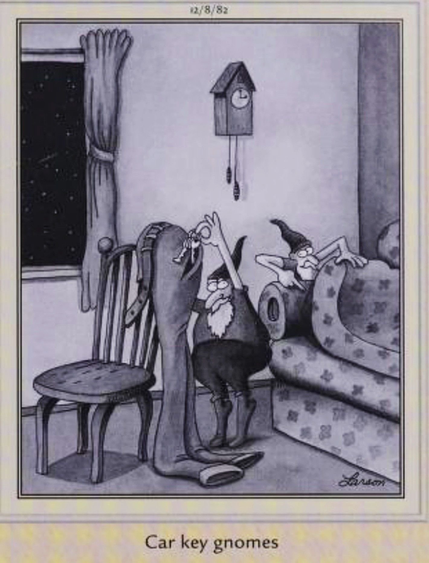 Far Side, December 8, 1982, 'car key gnomes' steal peoples' keys & hide them