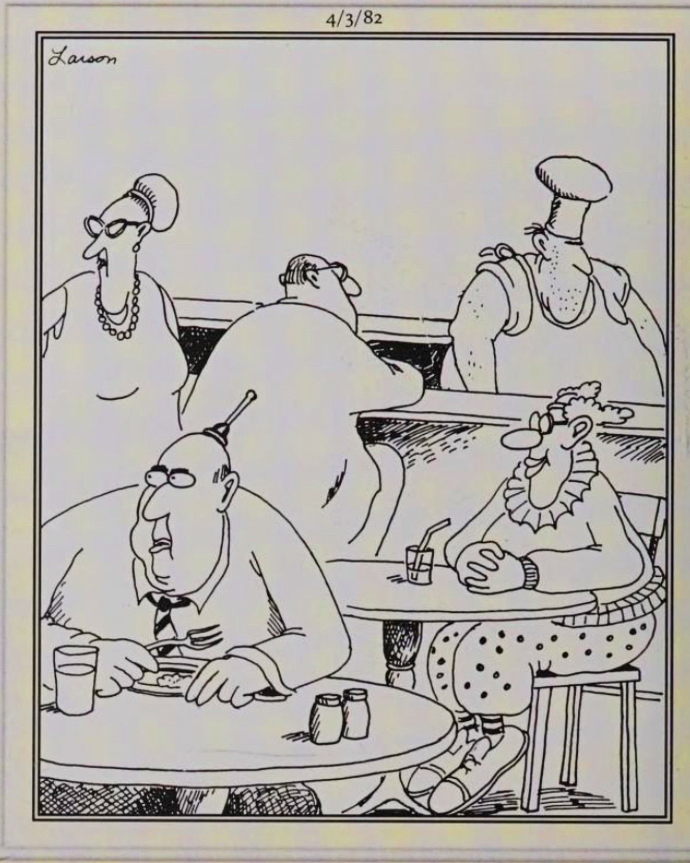 Far Side, April 3, 1982, a clown looks innocent after hitting a man with a suction cup dart