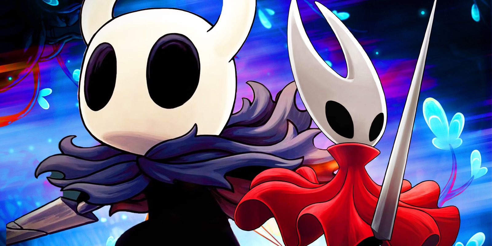 The Knight from Hollow Knight and Hornet from Hollow Knight: Silksong, both with weapons in hand.