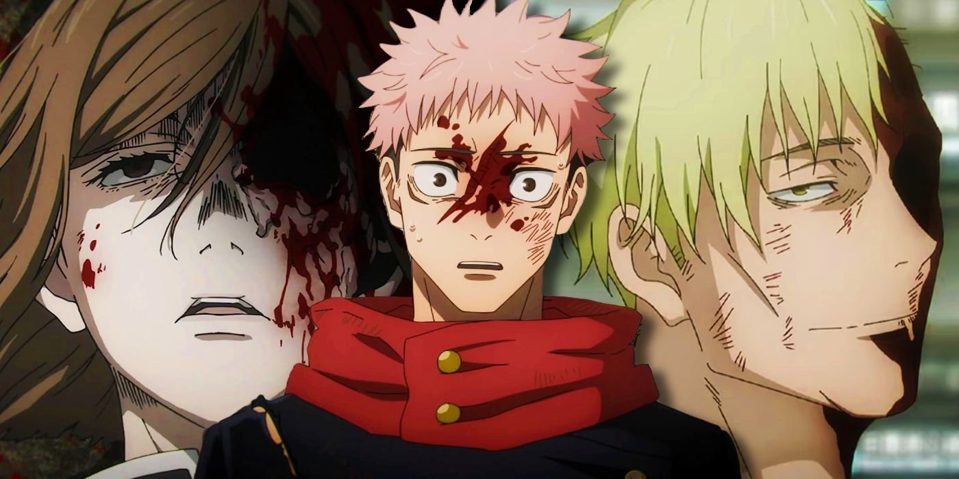Jujutsu Kaisen Is Almost Perfect, But 8 Frustrating Moments Are Holding It Back 4 Yuji looking shocked with blood splattered across his face. Nobara is to the right with one eye missing and Nanami is to the left smiling with blood covering the side of his face that is away