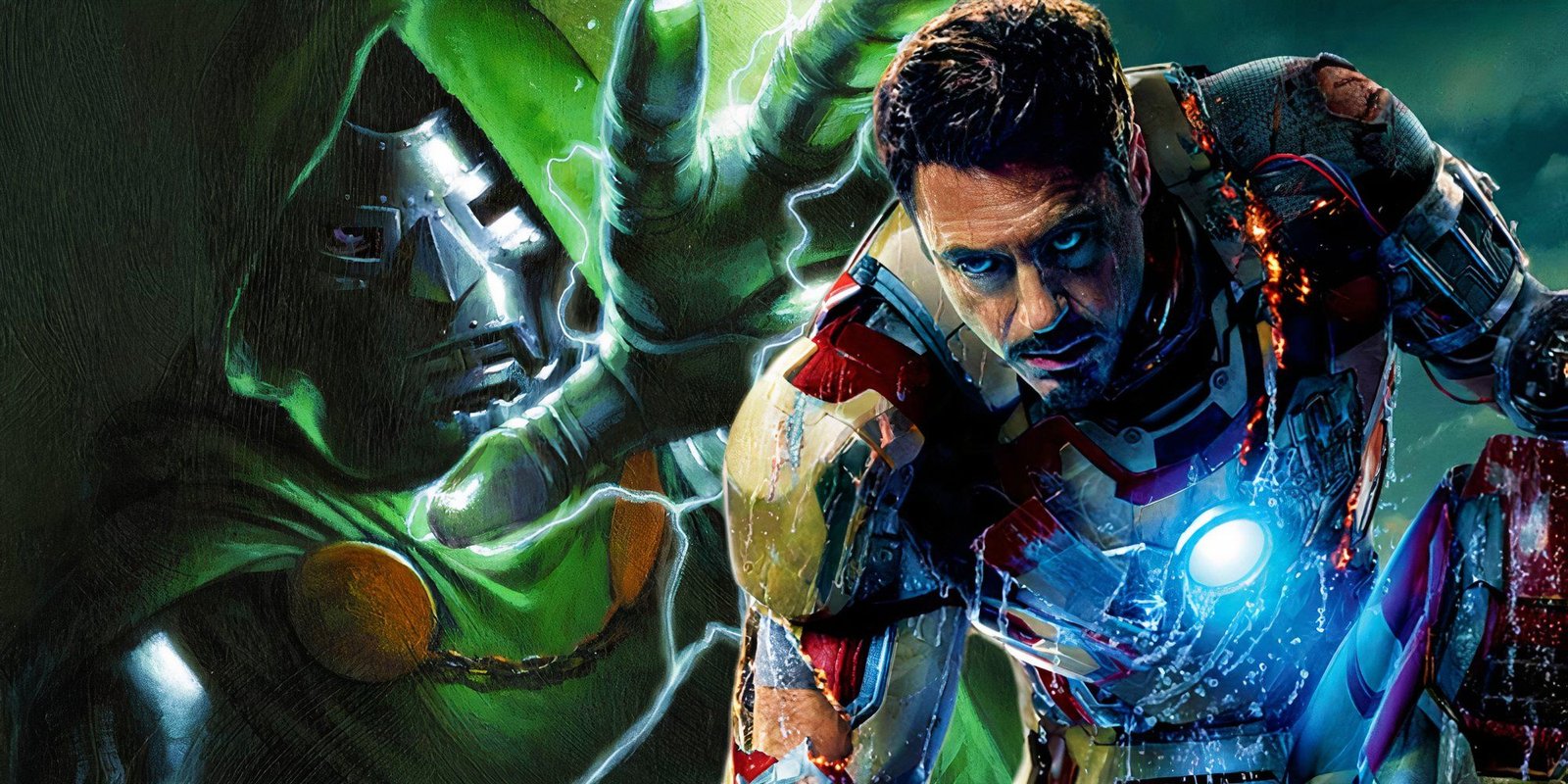 Robert Downey Jr. as Tony Stark in Iron Man 3 (2013) next to artwork of Doom from Marvel Comics