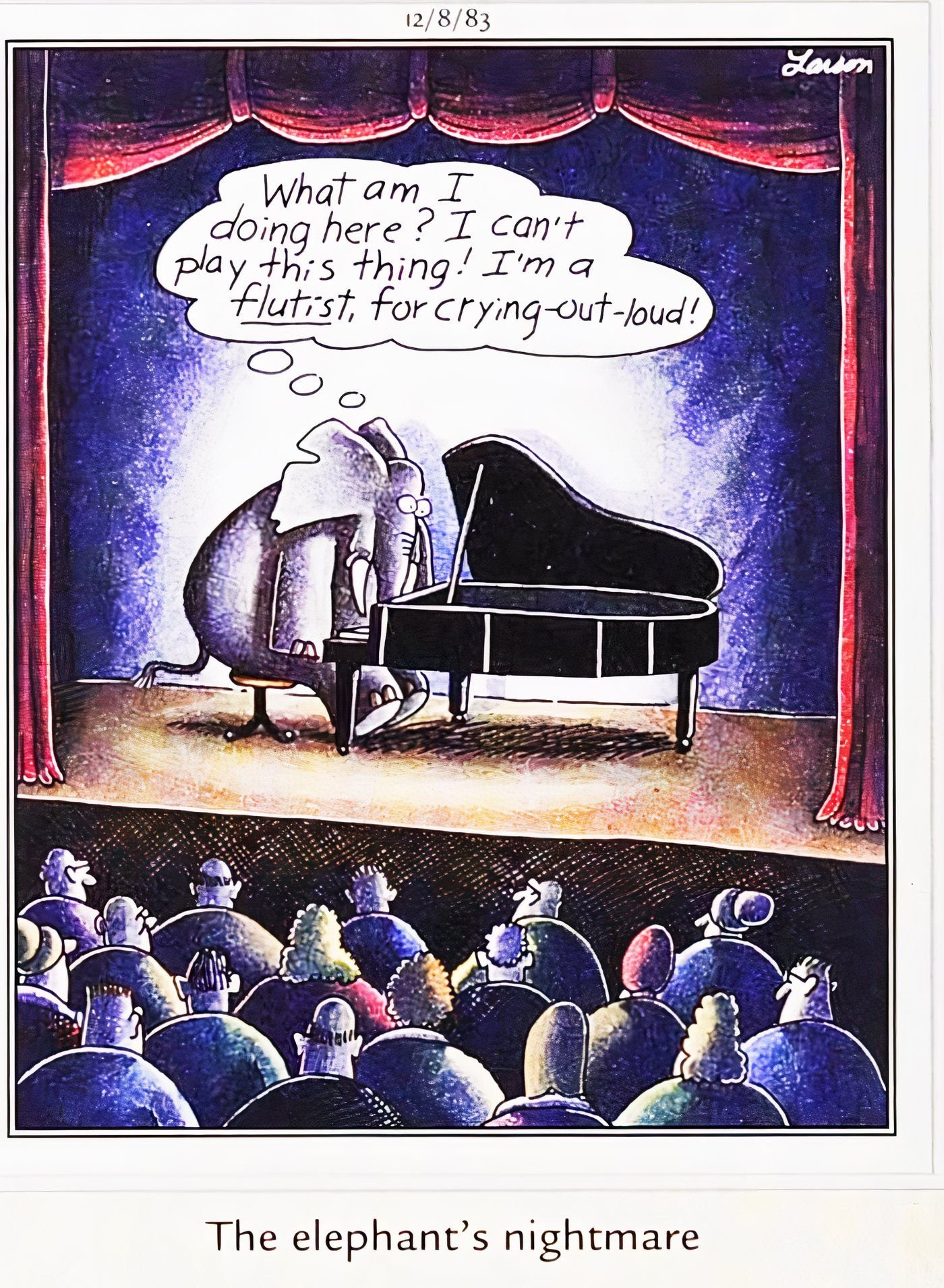 An elephant sitting at a grand piano on a stage in The Far Side.