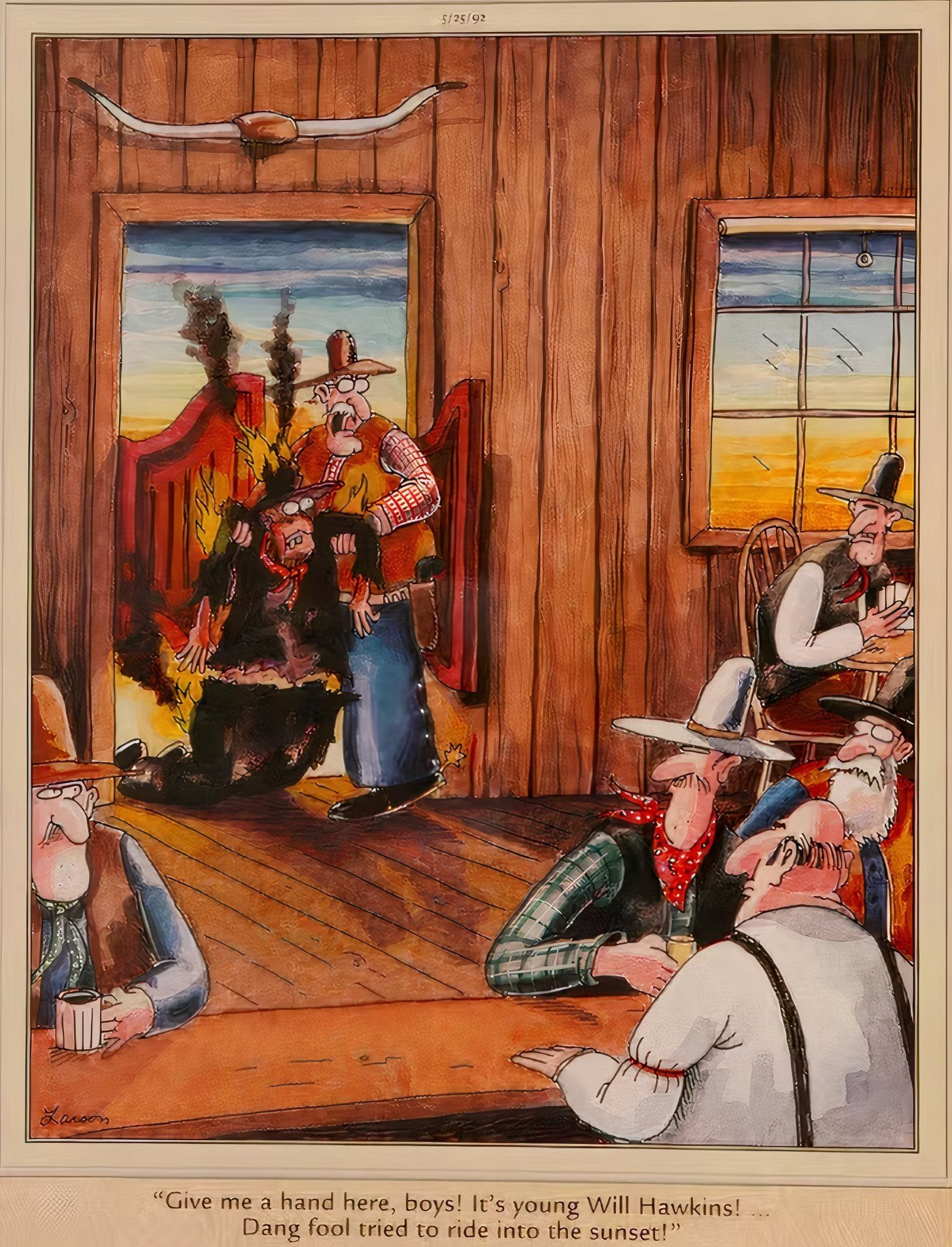 A cowboy on fire after riding into the sunset in The Far Side.