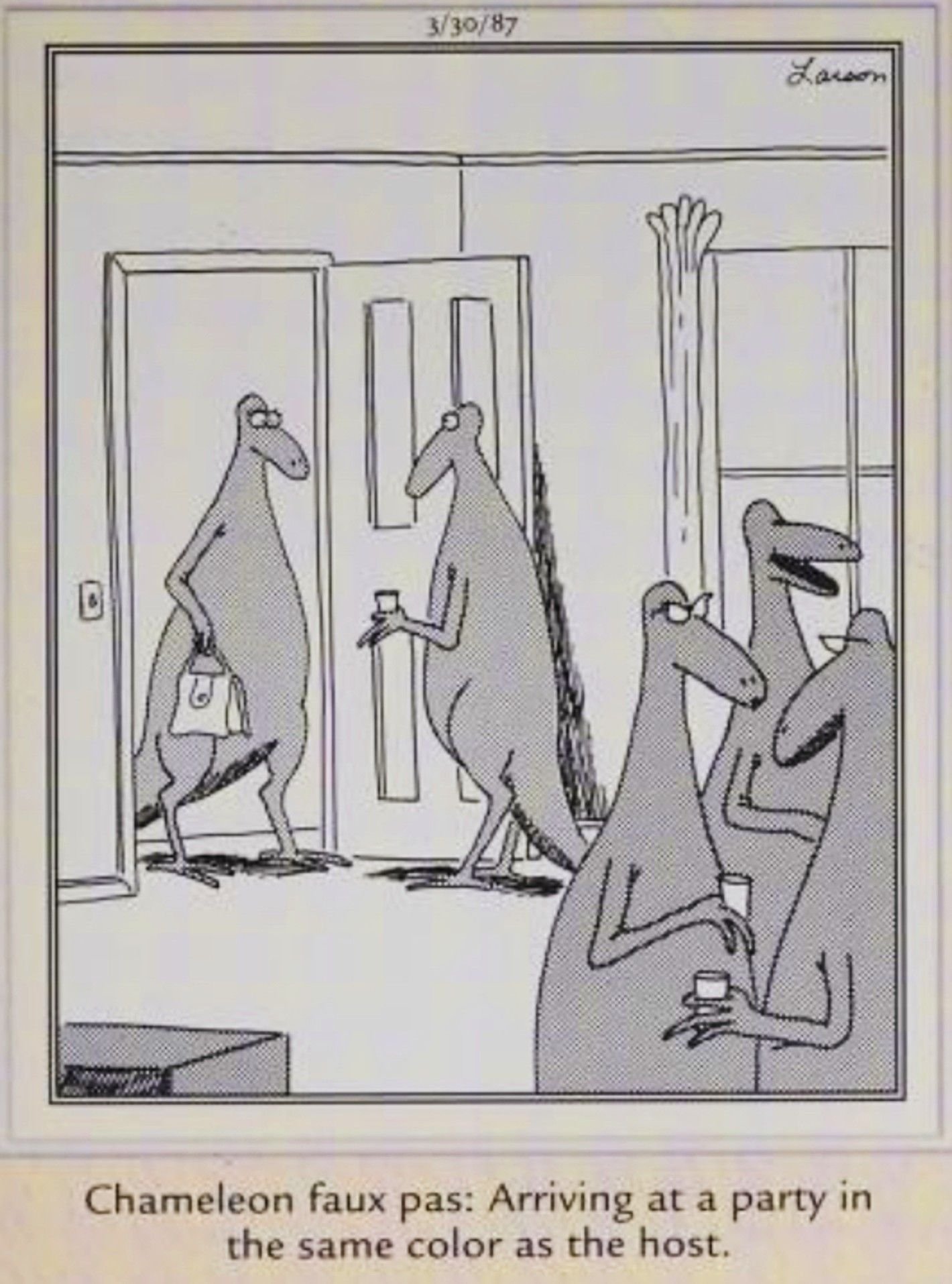 Far Side, March 30, 1987, depicting a 'chameleon faux pas'