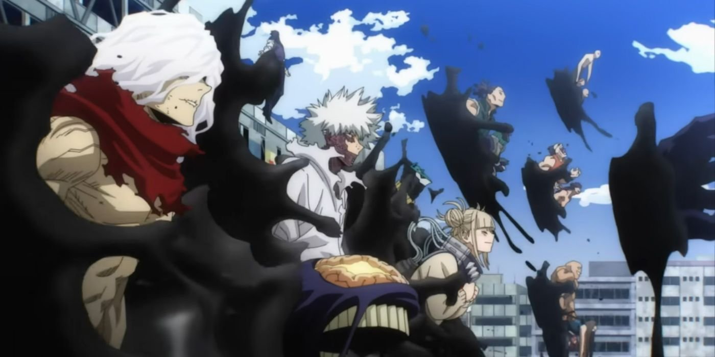 My Hero Academia: The villains warp in using All for One's "goop" warp.