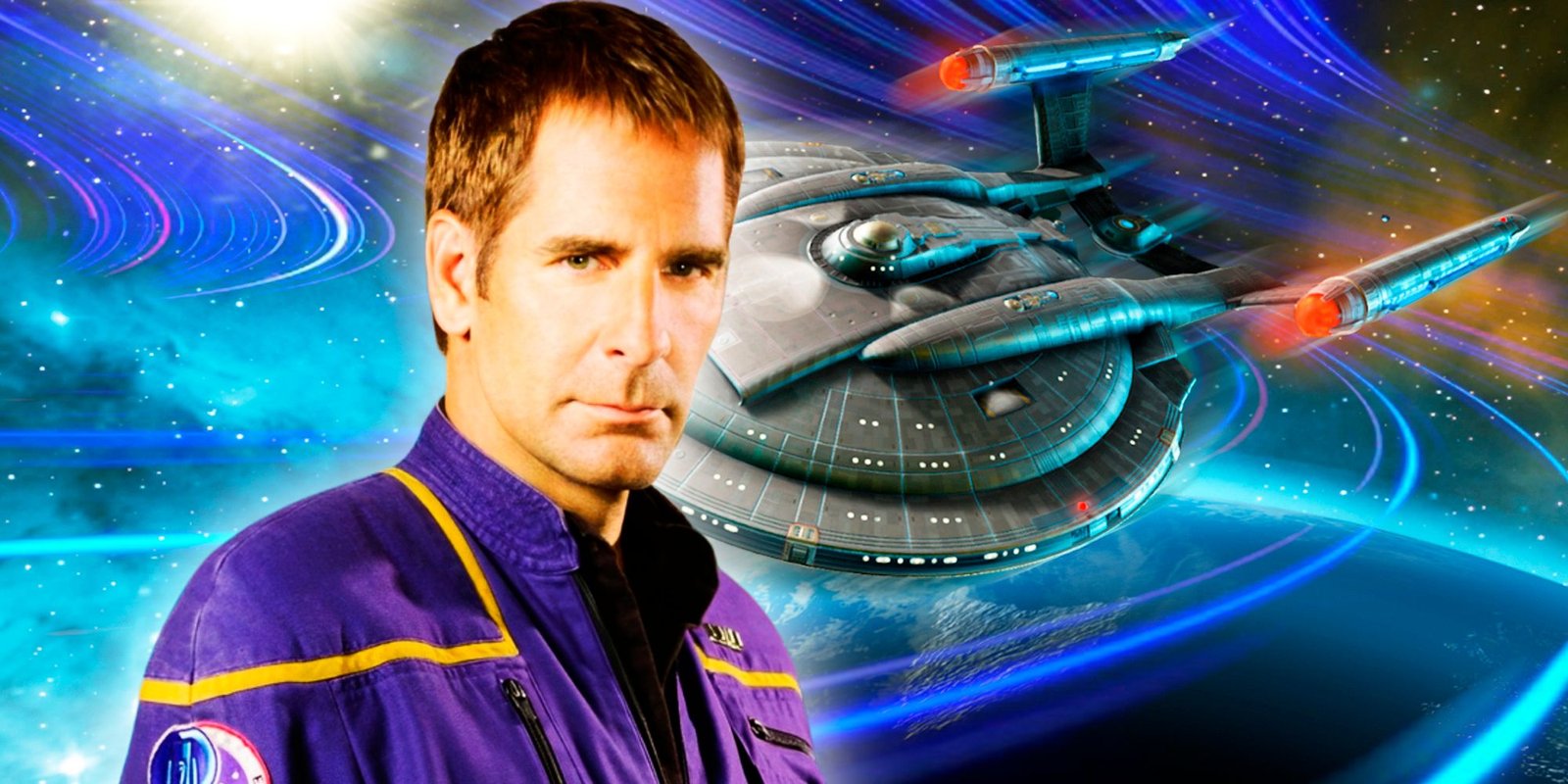 Captain Archer looking heroic with the NX-01 Enterprise behind him