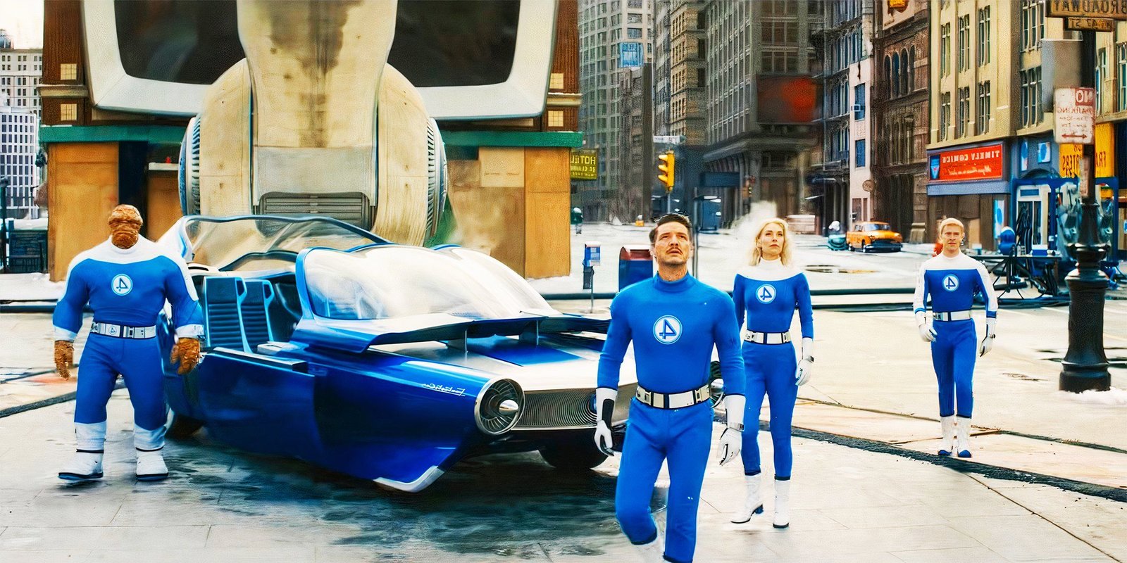 The Fantastic Four stepping out of a car and looking up