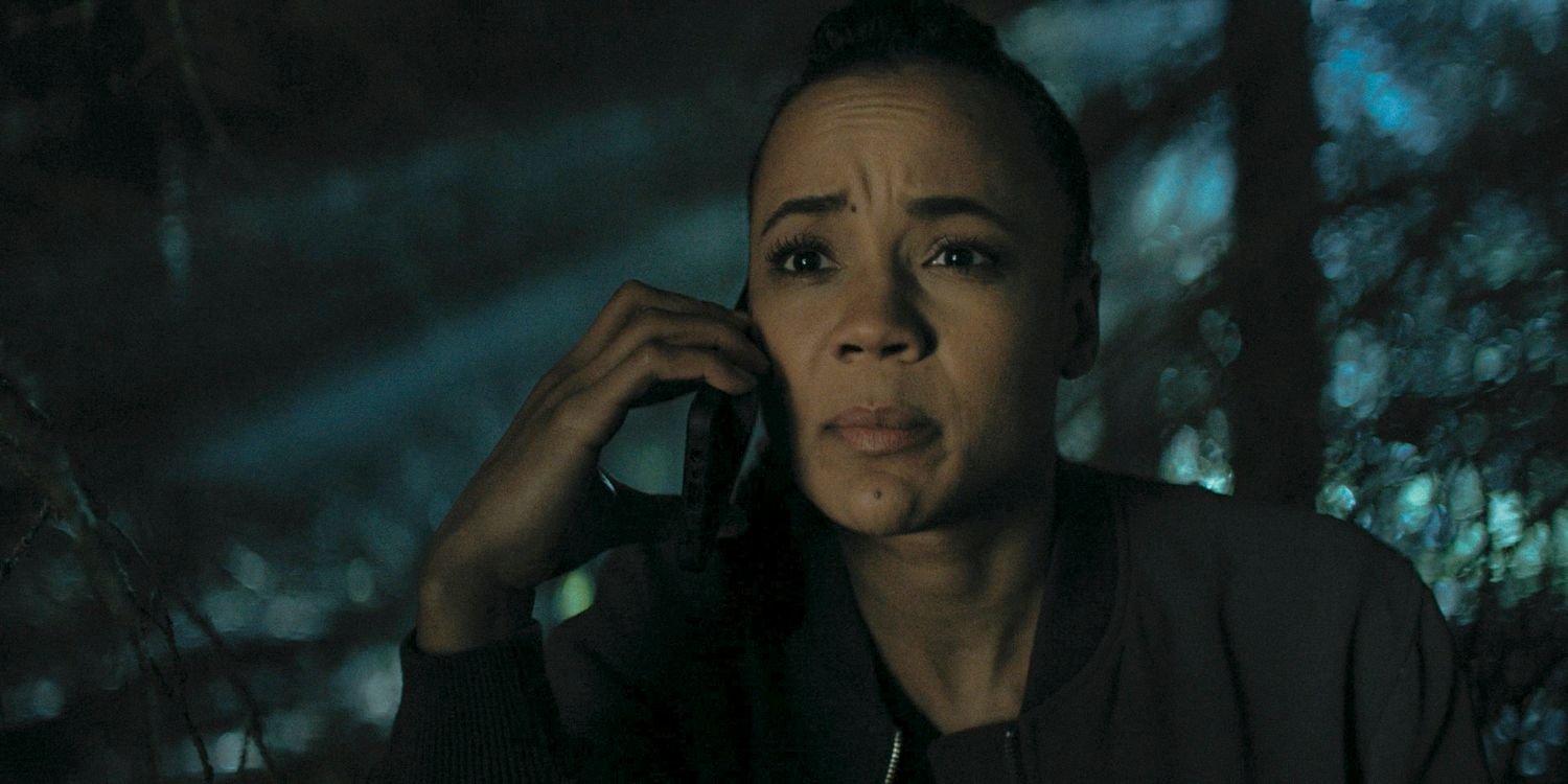 Frances Neagley (Maria Sten) looking worried as she makes a phone call in Reacher Season 3 Ep 8