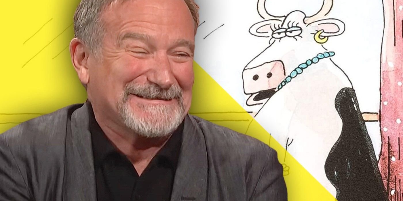10 Funny Far Side Comics You Need to See If You Love Clint Eastwood 3 robin williams chuckling at far side comic with cow