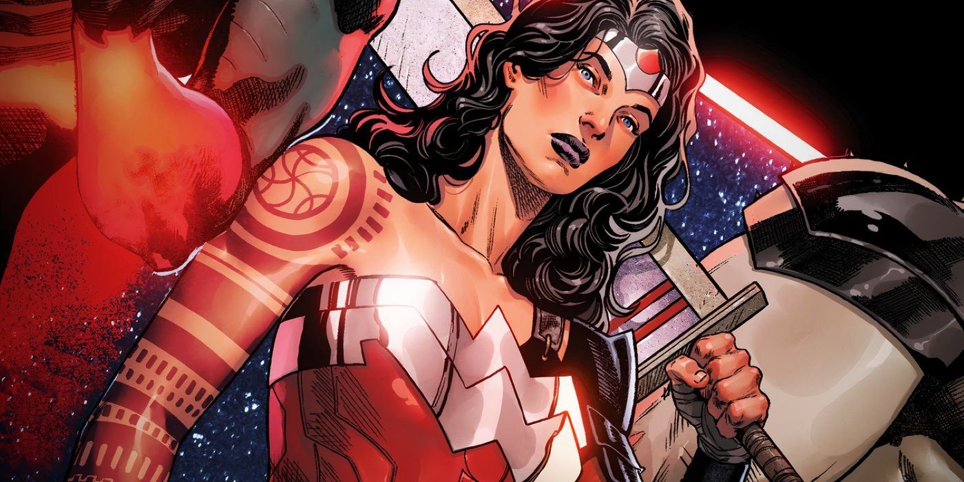 A Complete Guide to All of the Hero's Deaths 2 Comic book art: Absolute Wonder Woman holds her massive sword on her shoulder.