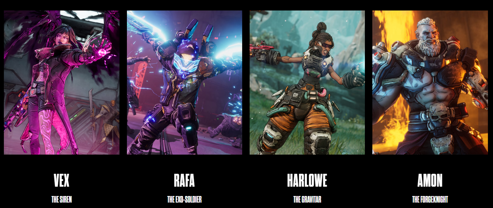 Image showing all four of the new vault hunters one by one, with their name and character type underneath their images