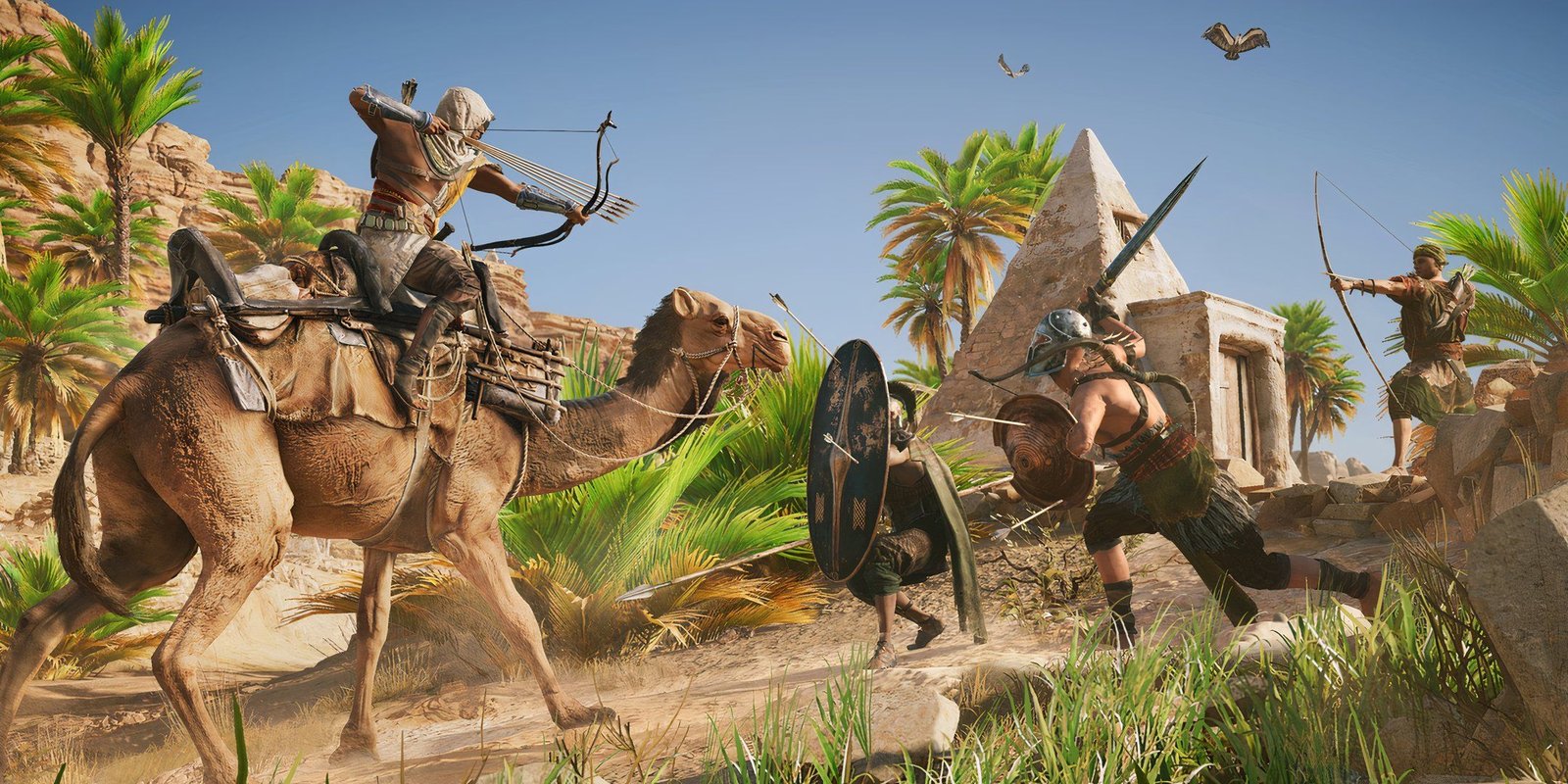 Character riding a camel and drawing his bow and arrows at enemies in Assassin's Creed Origins.