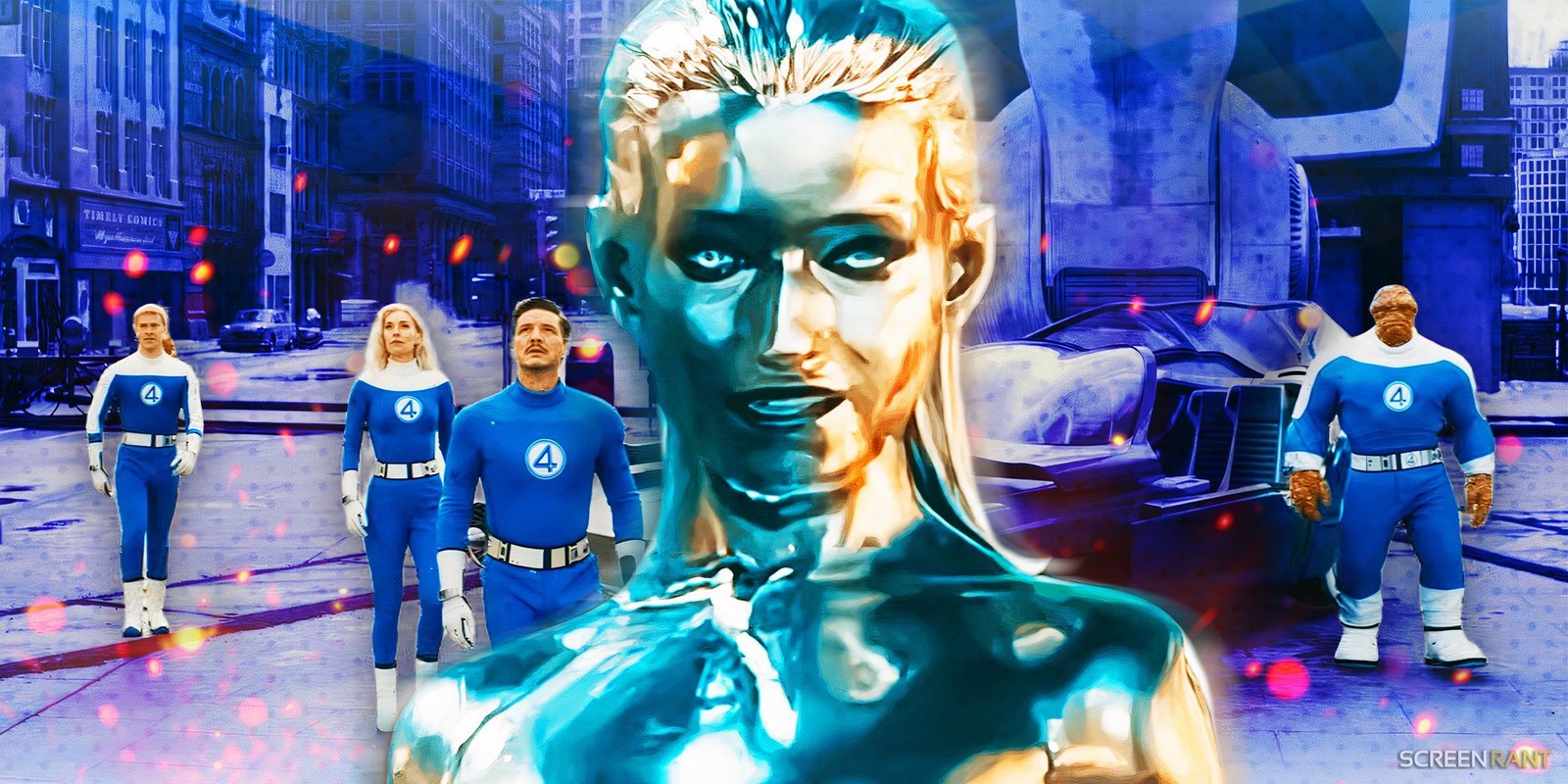Julia Garner's Silver Surfer in front of the MCU's Fantastic Four