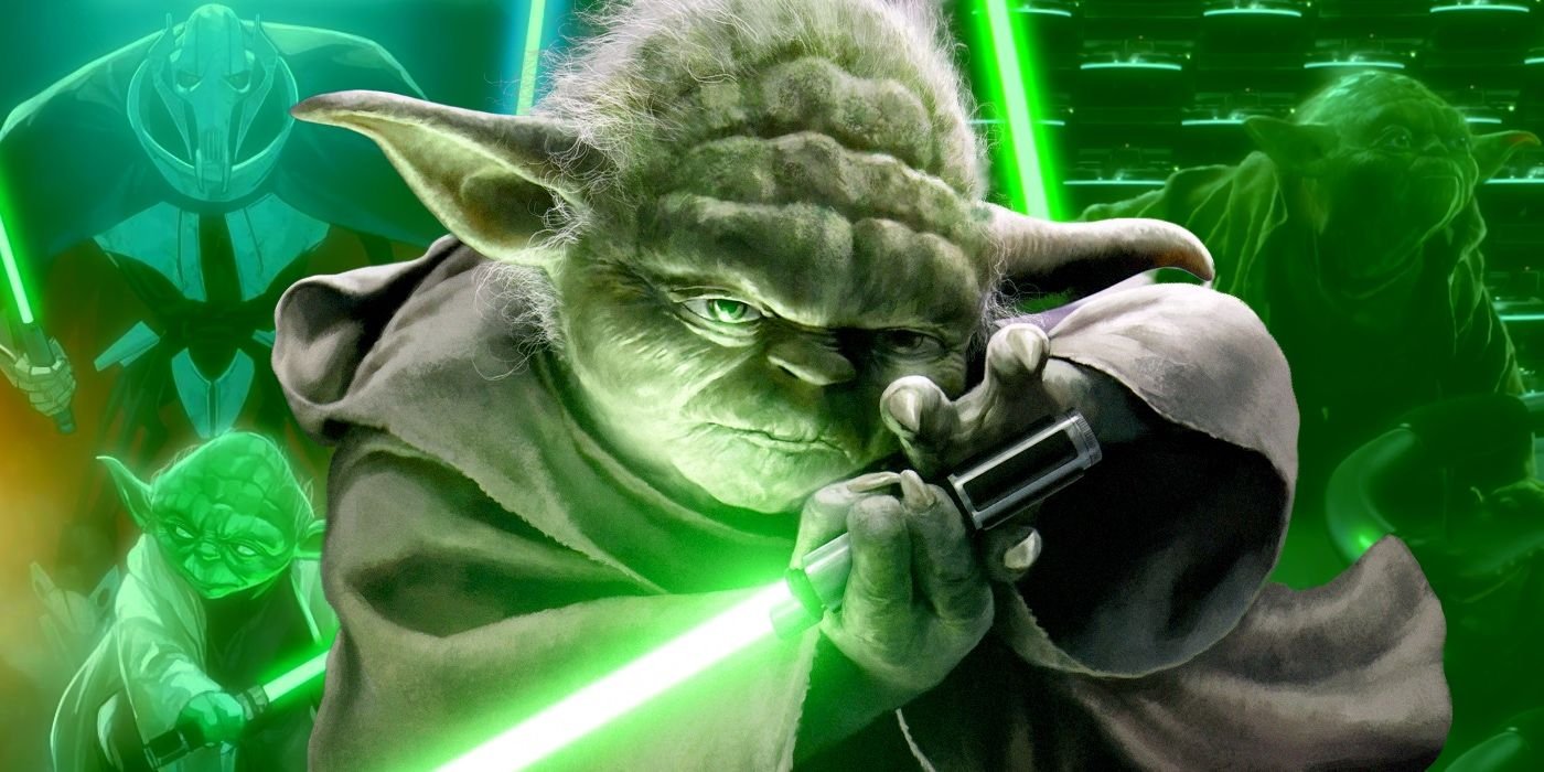 George Lucas Finally Reveals Why Yoda Speaks So Strangely 2 Yoda Wielding Lightsaber and Lightsaber Battle in Background Custom Star Wars Image