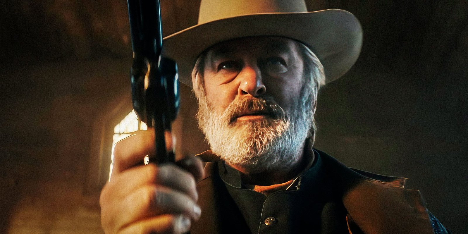 Alec Baldwin in Rust, holding a gun in the air and looking upset