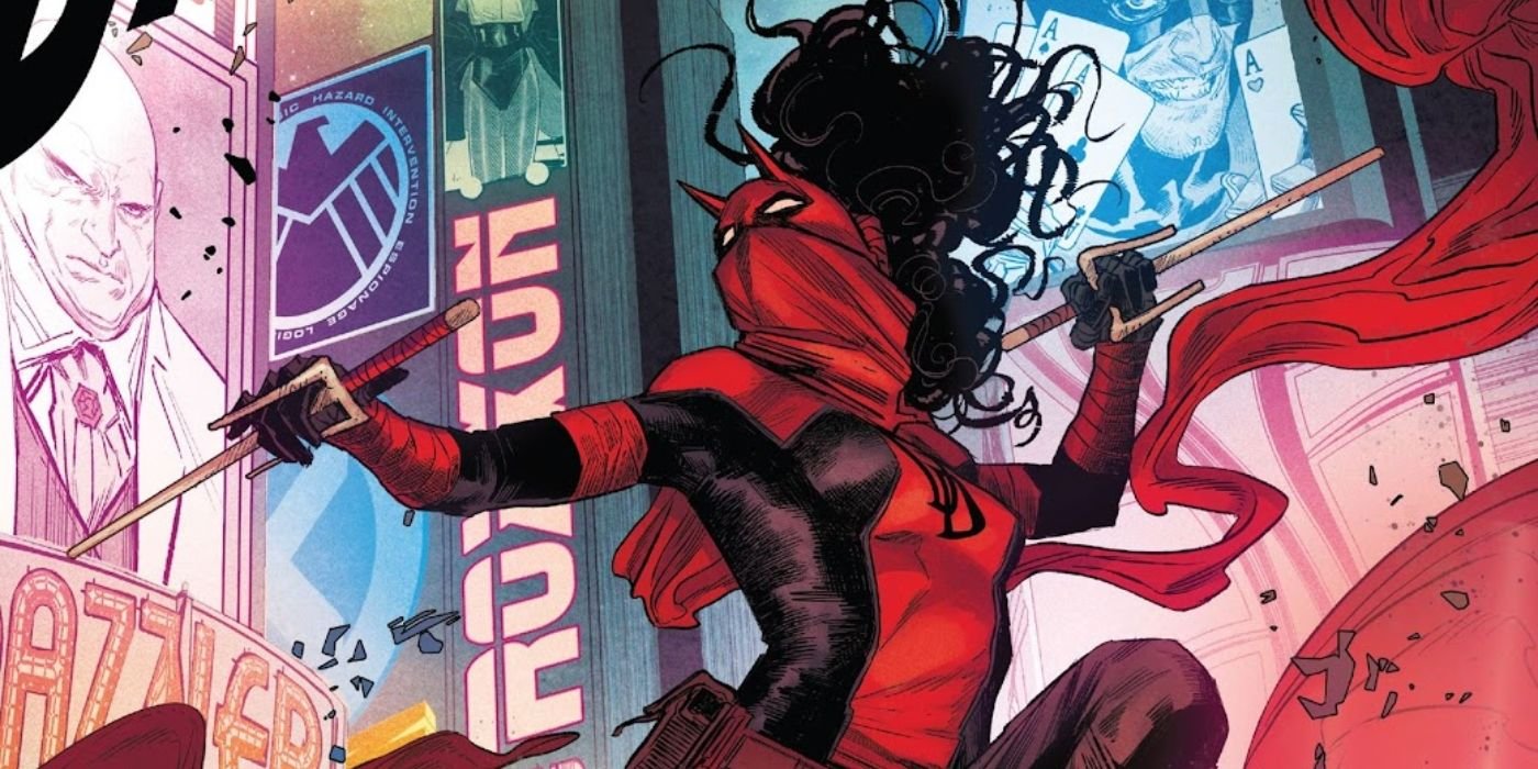 If You Think Daredevil is Violent, These 10 Moments Show Just How Vicious Elektra Can Be 2 Comic book art: Elektra appears as Daredevil, the Woman Without Fear, in a Times Square-like setting.