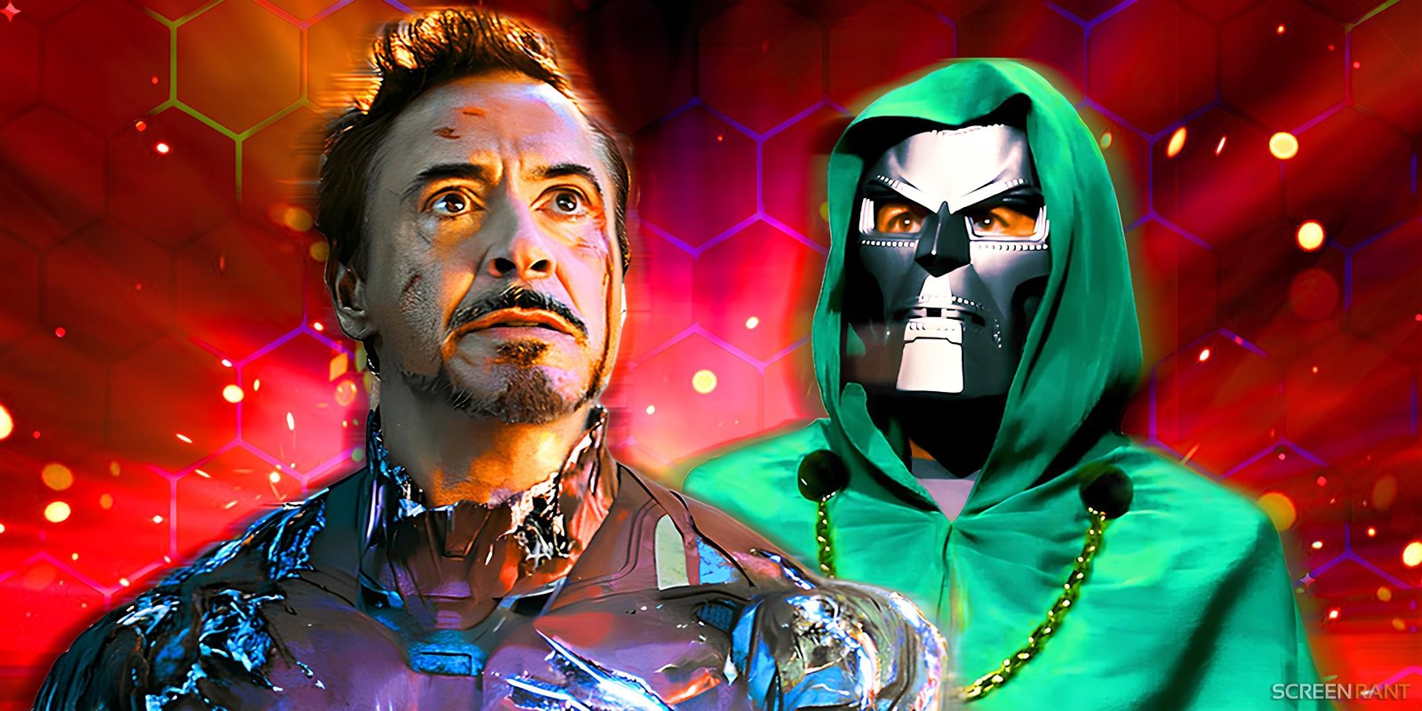 Robert Downey Jr. as Doctor Doom from SDCC 2024 and Iron Man injured from his death scene in Avengers: Endgame