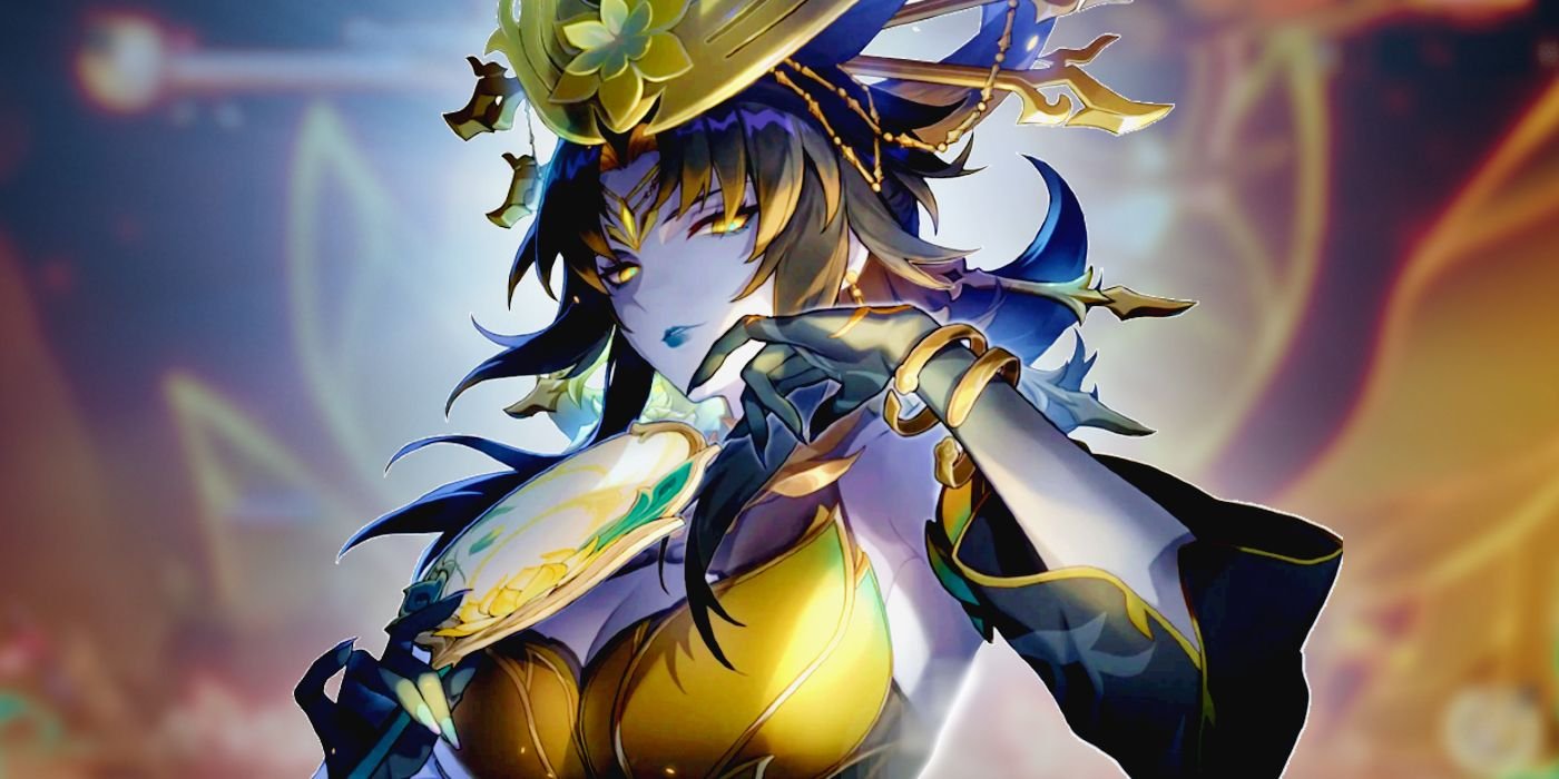 Phantylia poses, superimposed over a blurred image of her own boss fight in Honkai Star Rail.