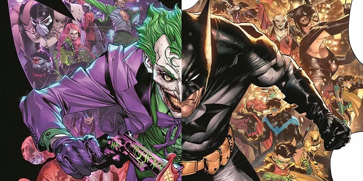 Batman split screen on the right with Joker split screen on the left running at the viewer with more heroes and villains behind them