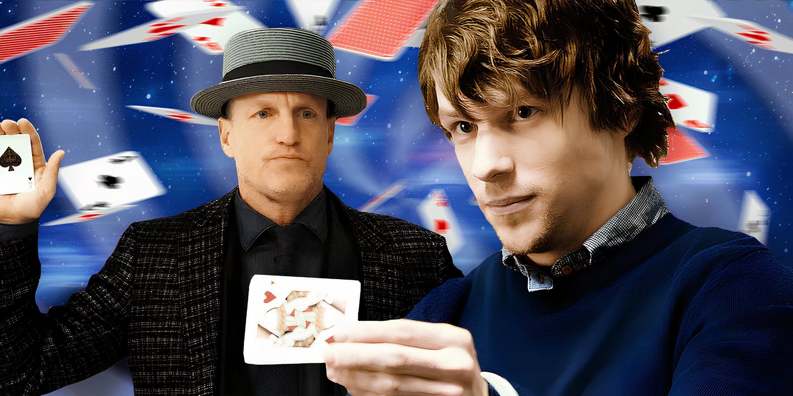 Why Jesse Eisenberg Butts Heads With One Of His Now You See Me 3 Recruits Explained By Dominic Sessa 2 Woody Harrelson as Merritt McKinney and Jesse Eisenberg as J. Daniel Atlas from Now You See Me move franchise on a blue background with flying cards