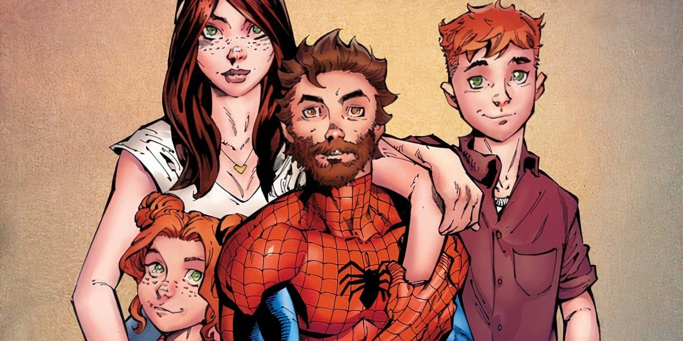 Spider-Man posing for a family photo with his wife and kids.