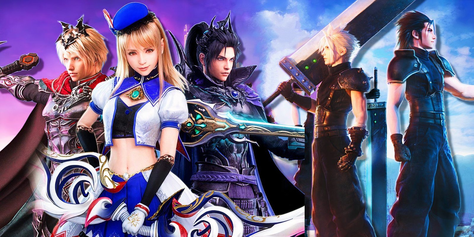 10 Best Tactical RPGs To Play While Waiting For Final Fantasy Tactics: The Ivalice Chronicles 3 A collage featuring characters from Brave Exvius and Ever Crisis in front of a blue and purple sky.