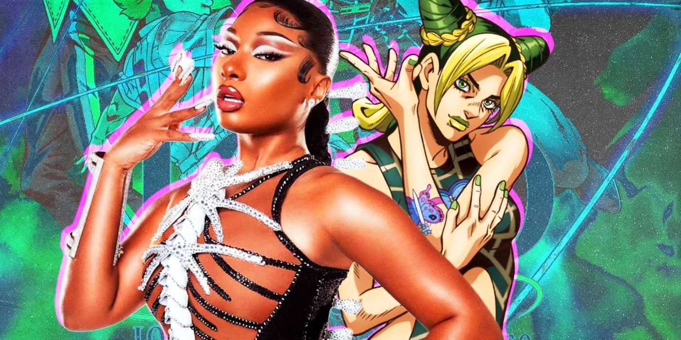10 Celebrities Who Love Anime Just as Much as You Do 2 Collage of Megan thee Stallion and Jojo's Bizarre Adventure Jolyne Cujoh