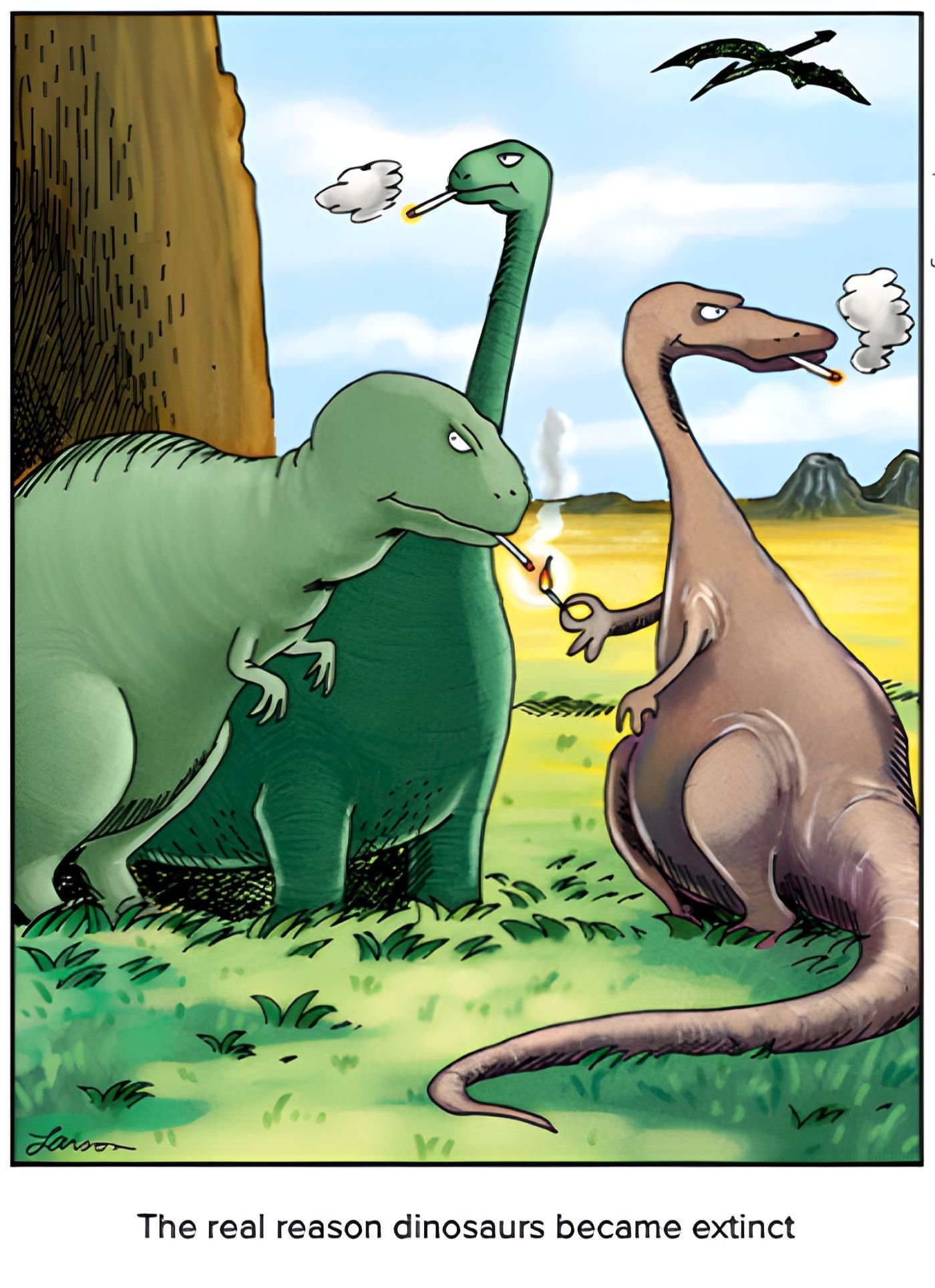 Three dinosaurs smoke cigarettes
