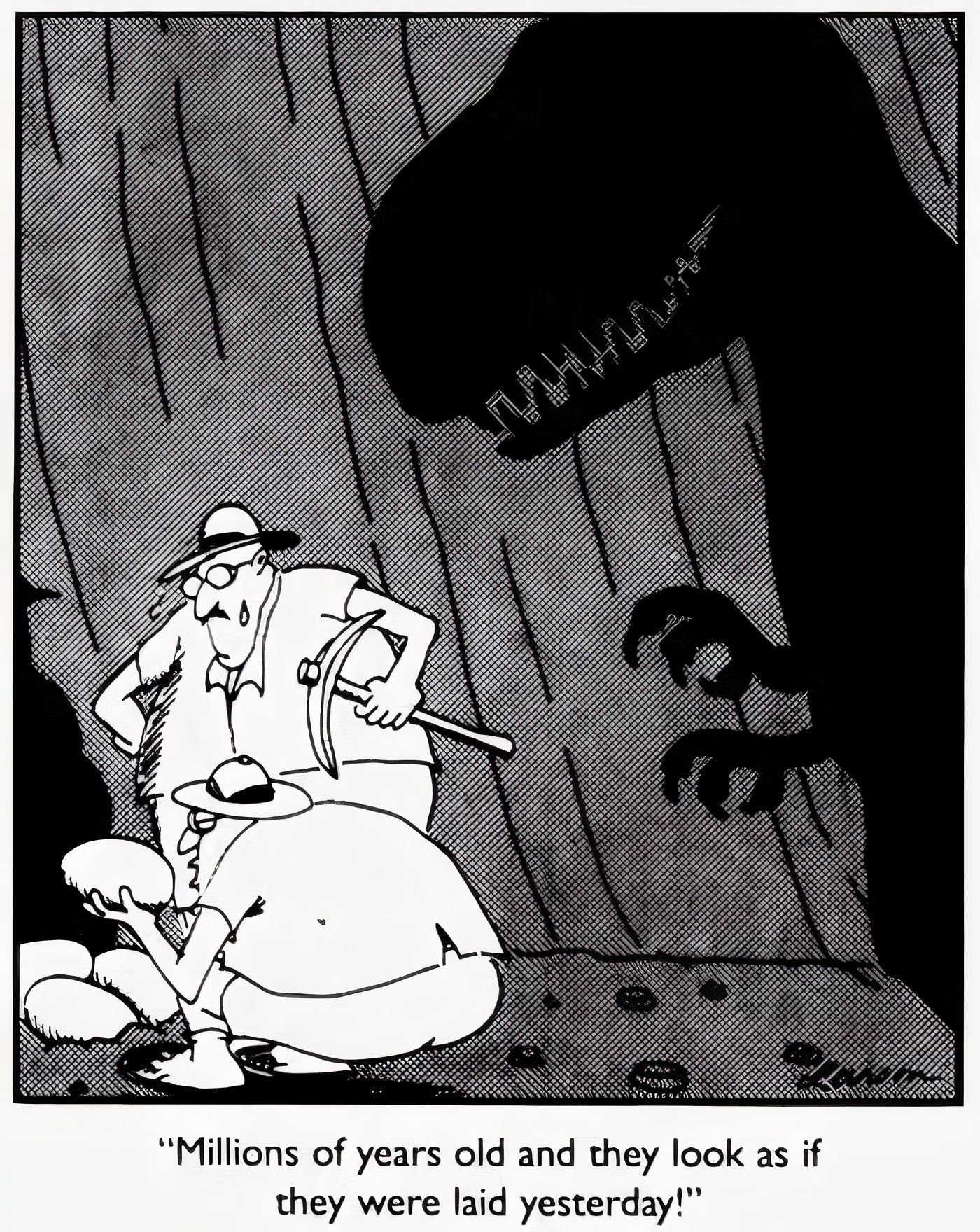 A T-Rex lurking in the shadows about to eat two explorers in The Far Side.
