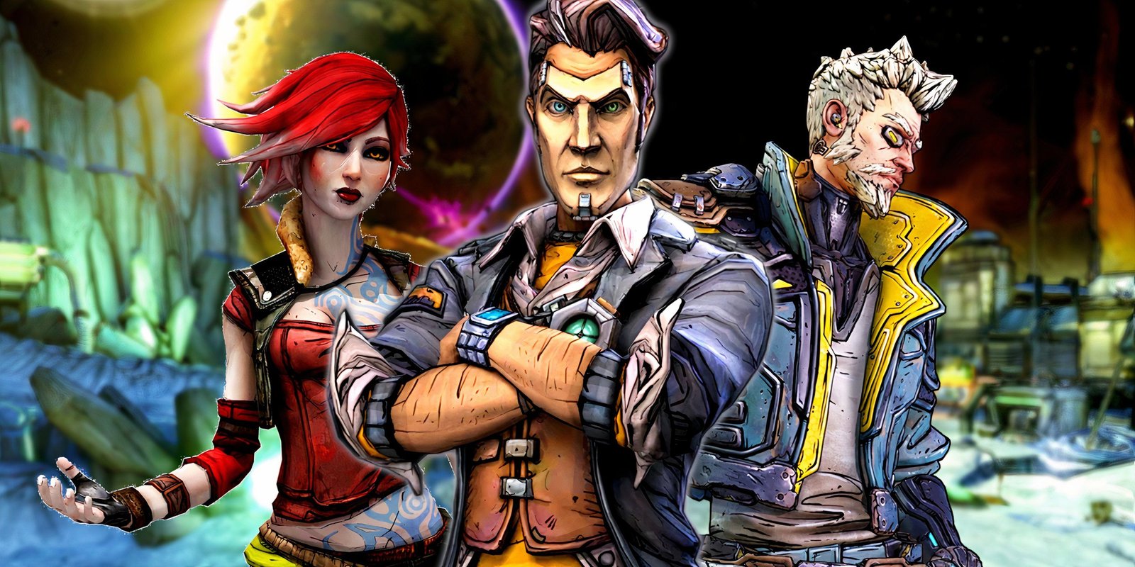 10 Most Polarizing Borderlands Characters We Love To Hate 4 Handsome Jack Lilith and Zane standing together in front of a scene from borderlands the pre sequel