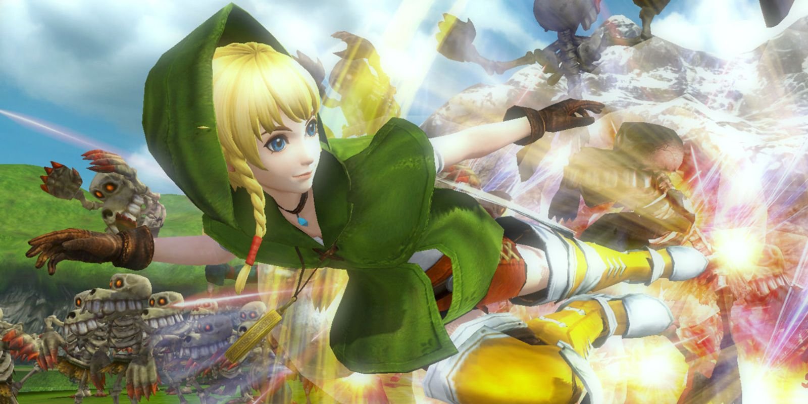 Linkle fighting stalchild mobs in Hyrule Warriors Definitive Edition.