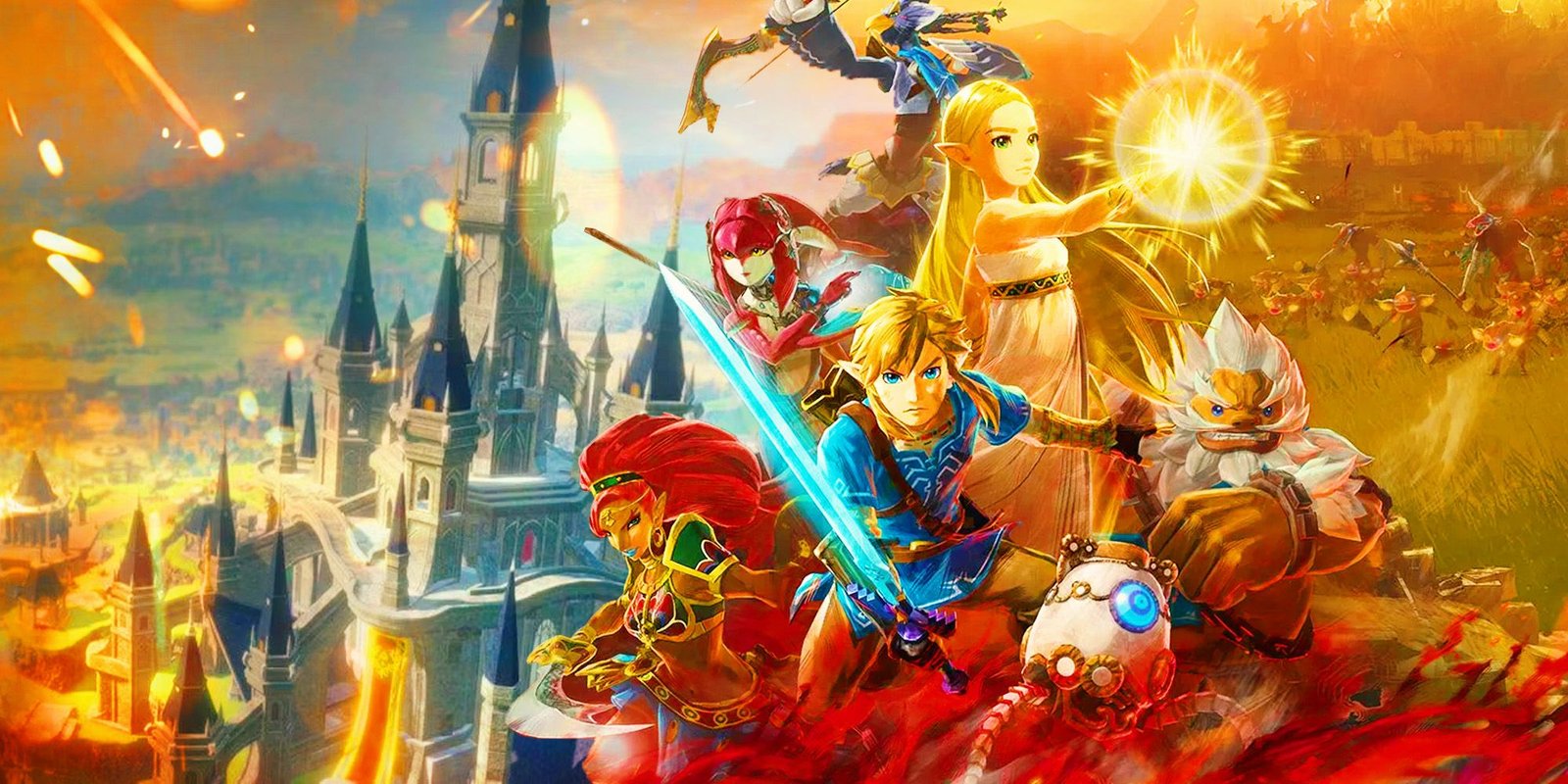 Forget Playable Zelda, After Reading BOTW Producer's Comments, I'm Convinced We'll Get This New Kind Of Link Instead 3 The key art from Age of Calamity featuring Link, Zelda, and the four champions next to Hyrule castle.