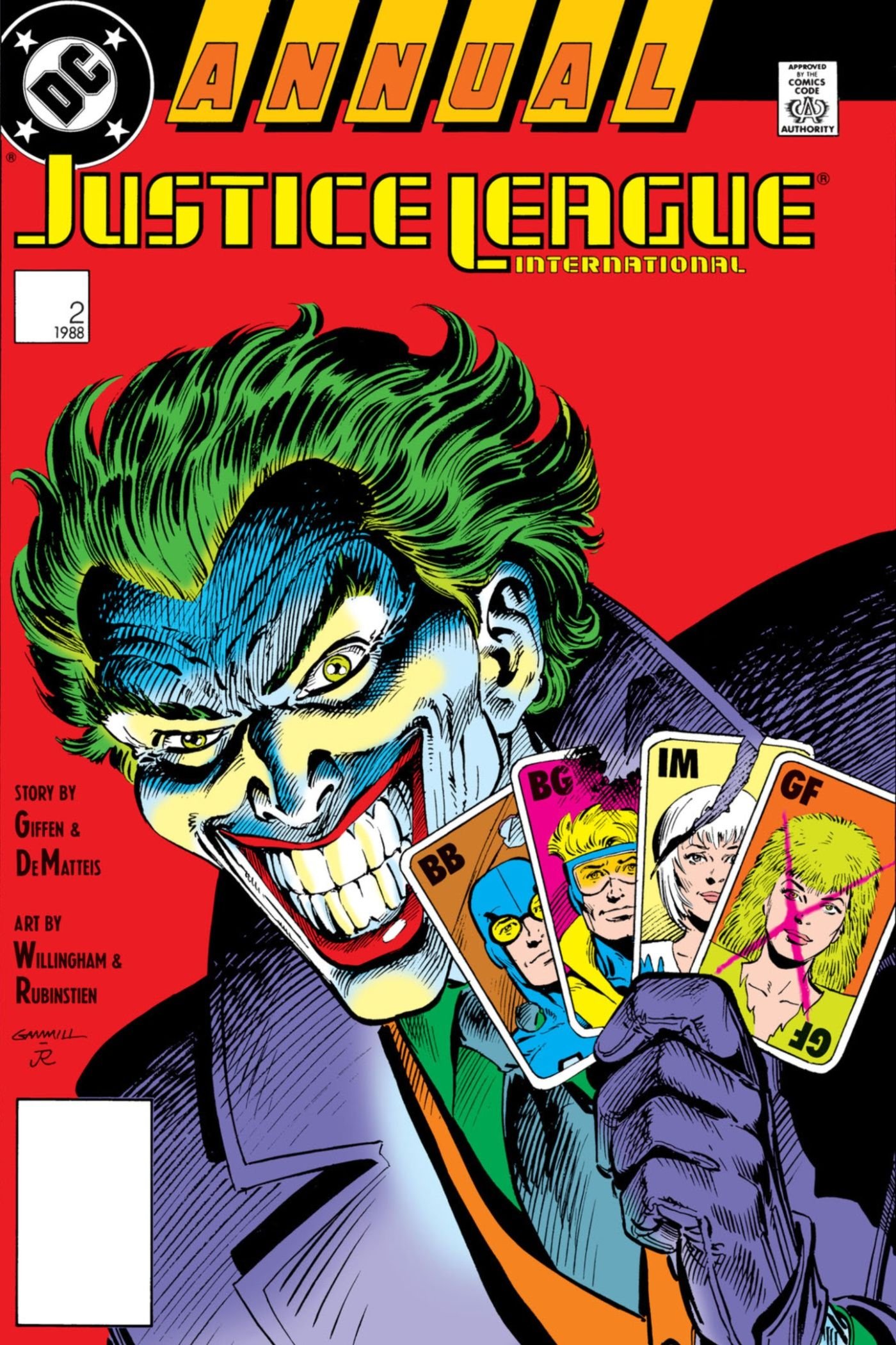 Joker holds cards of Justice League members