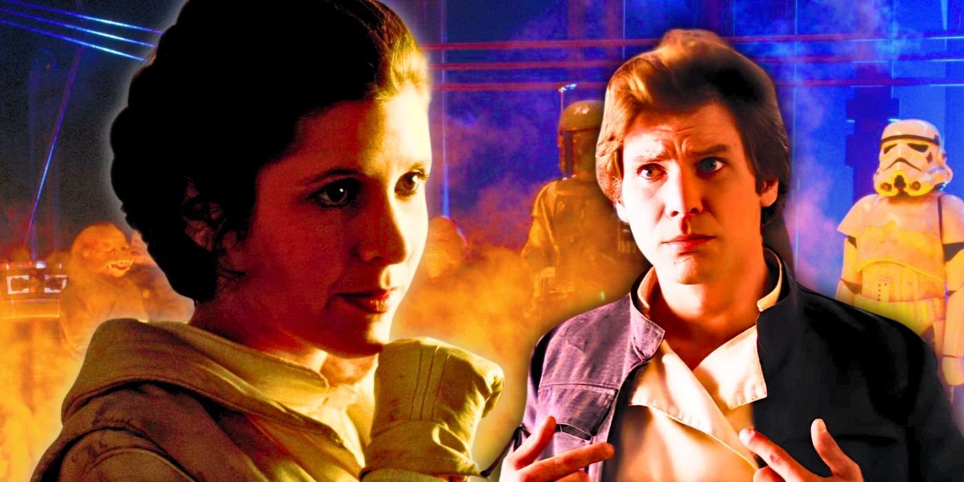 Leia Oegana and Han Solo in The Empire Strikes Back, with Boba Fett and a stormtrooper in the background.