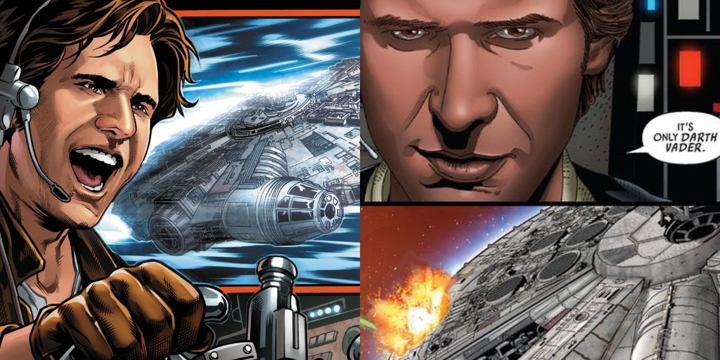Split image of Han Solo piloting the Millennium Falcon and facing Darth Vader's TIE Fighter in Star Wars comics