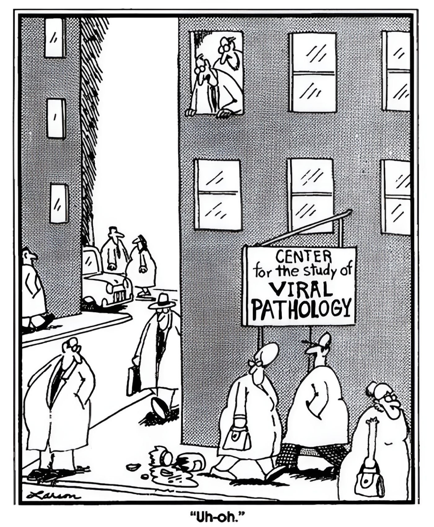 Two scientists from the "Center for the Study of Viral Pathology" drop a vial in a populated area.