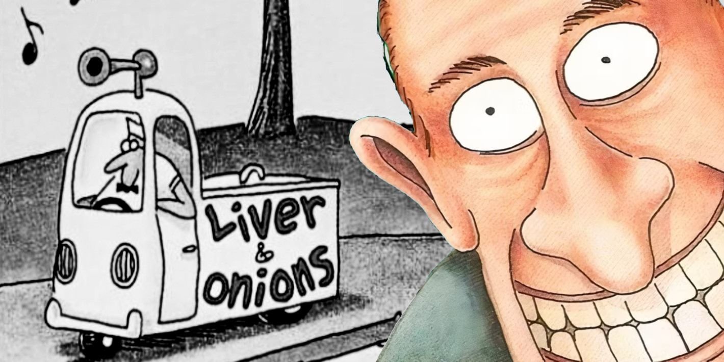 10 Classic Far Side Comics That Will Make You See the Series In a New Light 16 Far Side grinning man (foreground, right) and a Liver & Onions truck (background, right.)