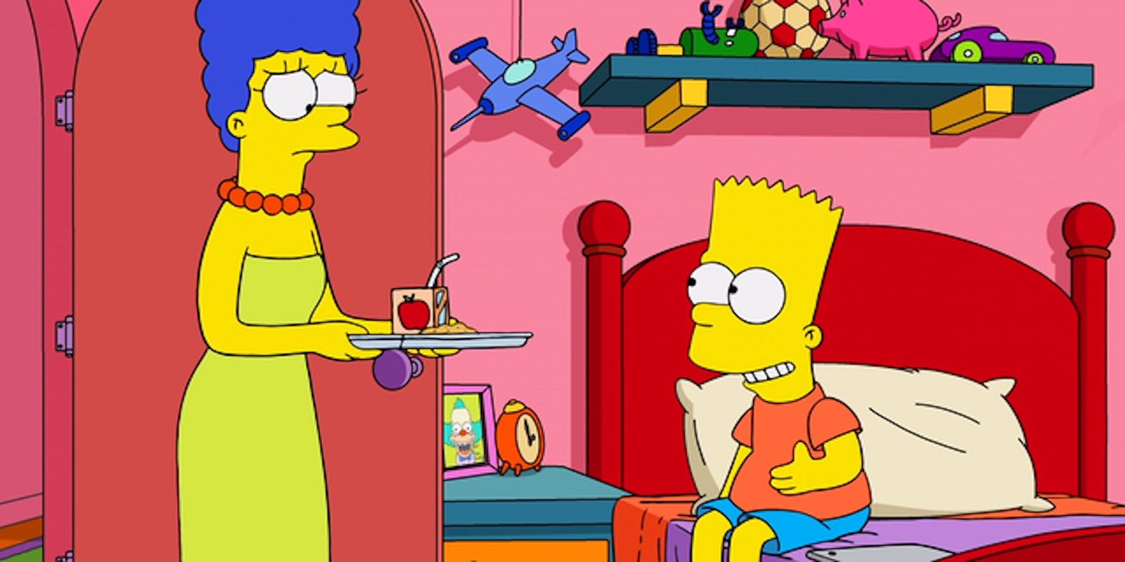 Marge looks worried standing in Bart's bedroom while Bart smiles sitting on his bed in The Simpsong season 36 finale