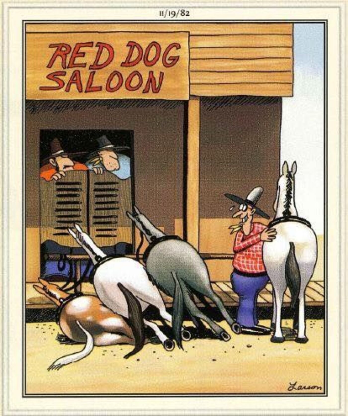 Far Side, A cowboy tipping over other horse.