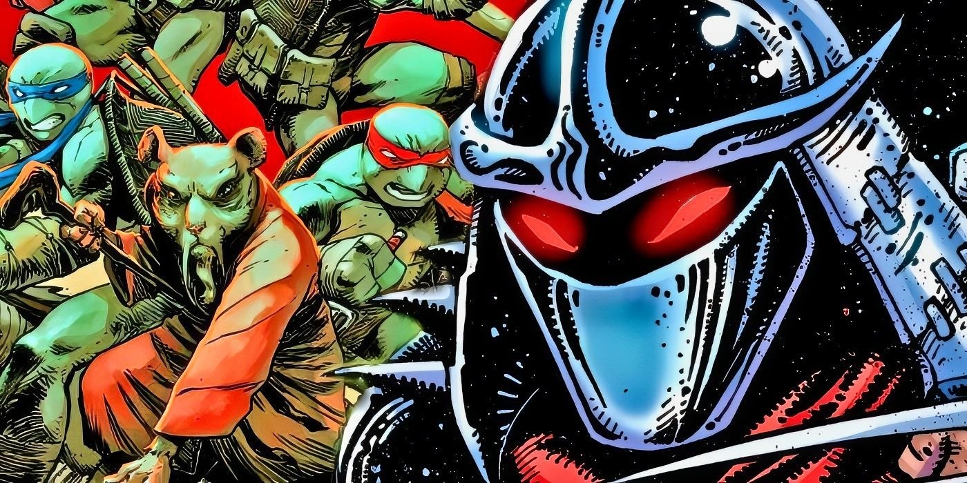 Shredder with Splinter and the TMNT behind him.