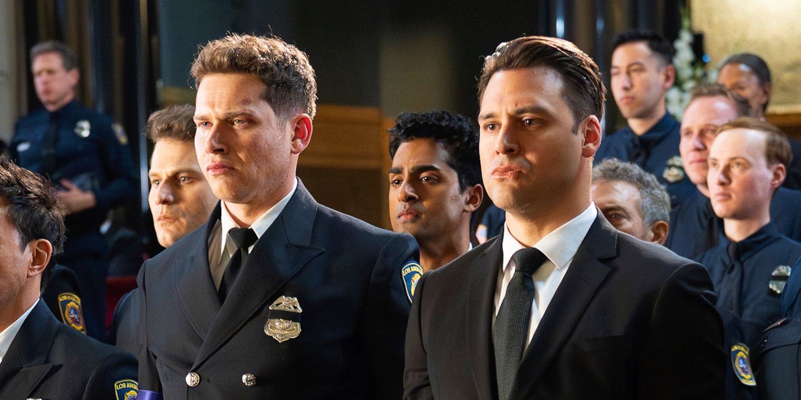 Bobby's Original 9-1-1 Love Interest Would Have Robbed The Show Of Its Best Relationship 3 Buck (Oliver Stark) and Eddie (Ryan Guzman) at Bobby's funeral in 9-1-1 season 8, episode 16.