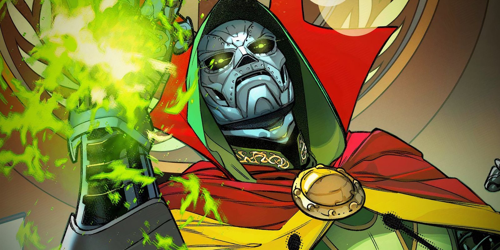 Comic book art: Doctor Doom uses green energy powers as he looks imperiously down.
