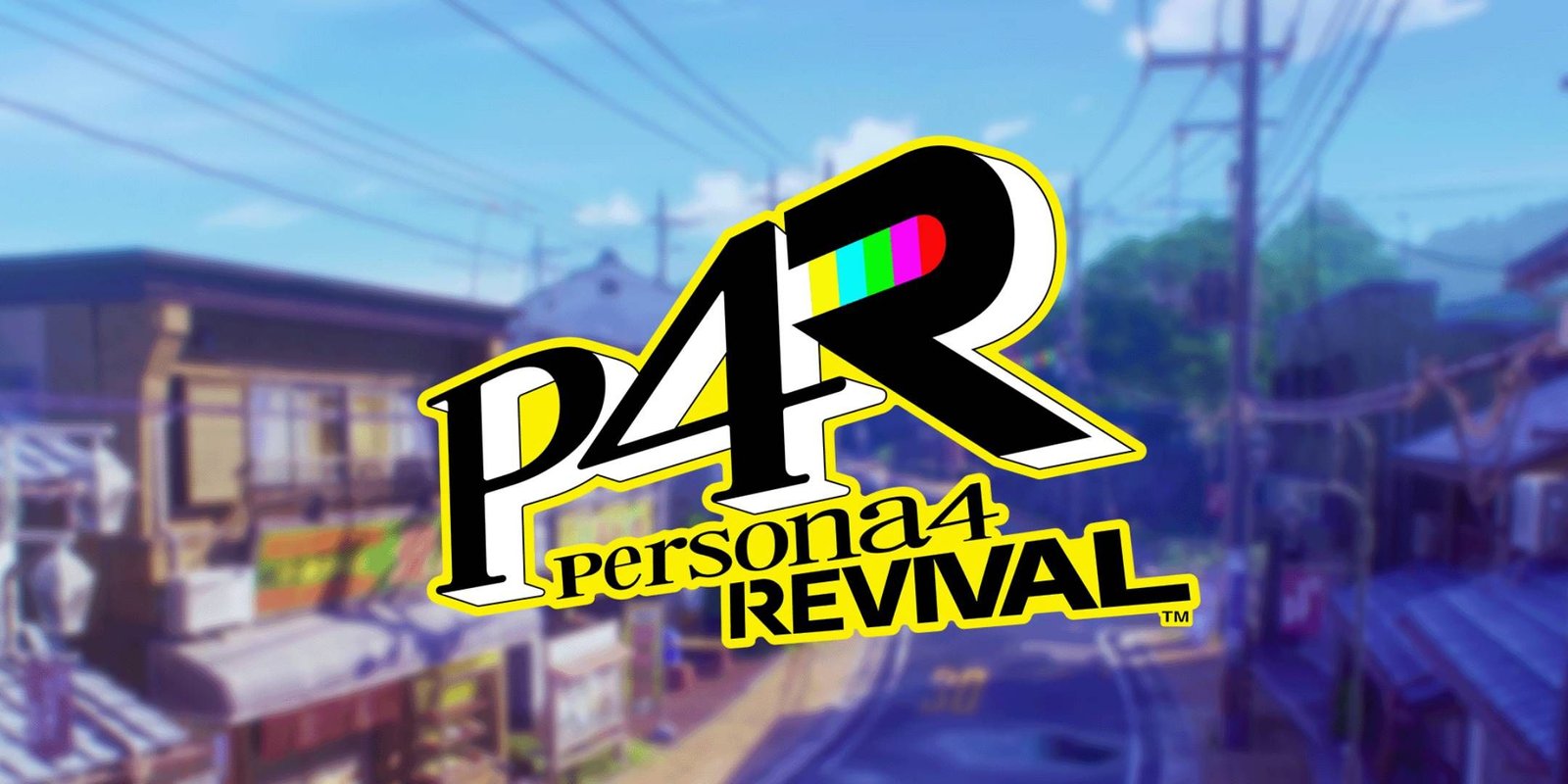 Persona 4 Revival's main logo over a blurred image of the Central Shopping District location.